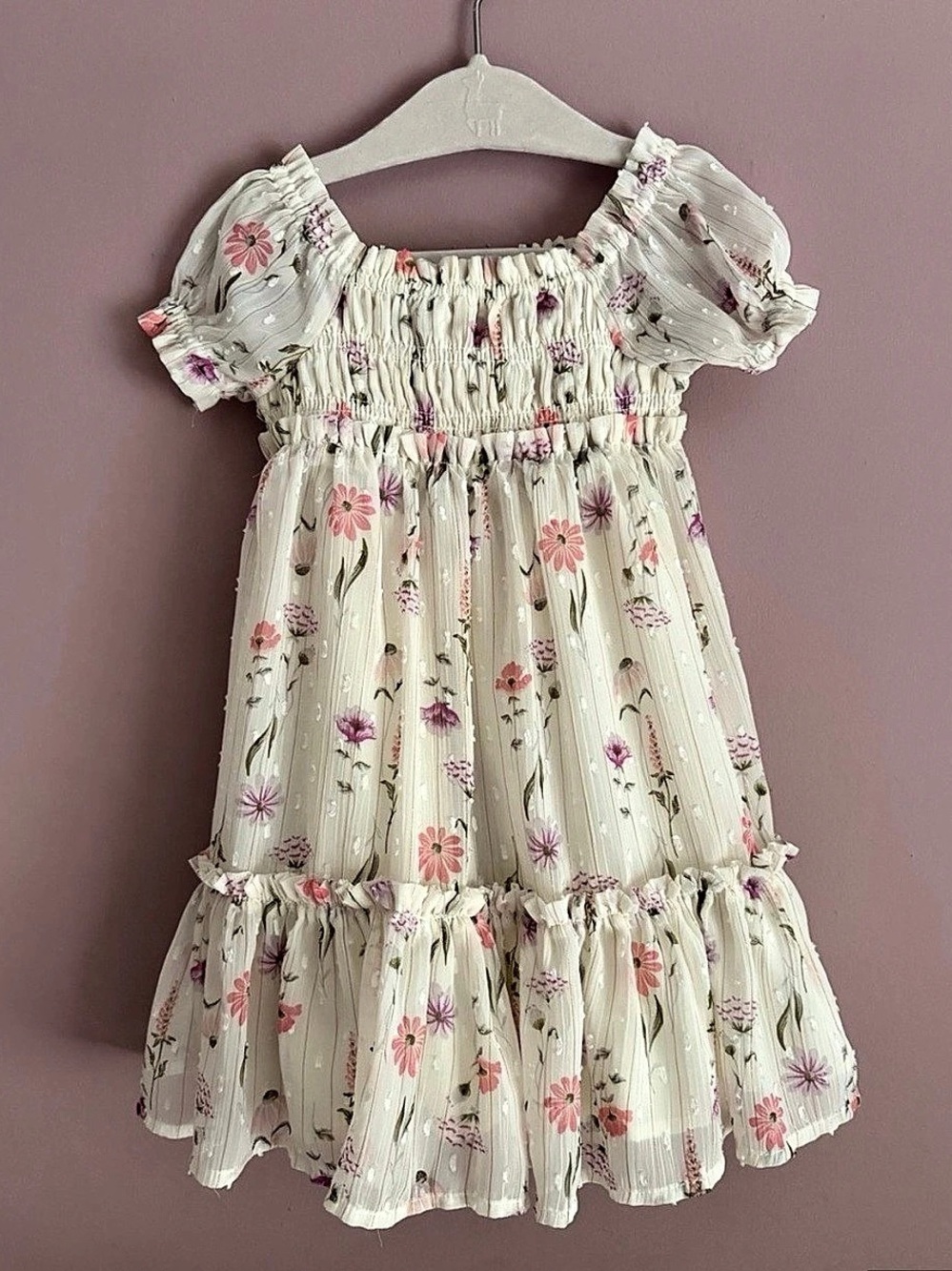 Floral Puff Sleeve Tiered Dress in Cream & Pink